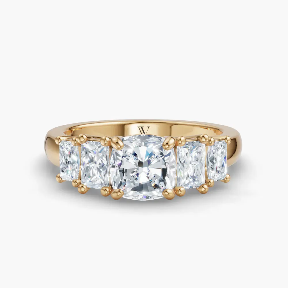 Certified 1 carat Lab Grown Diamond Cushion Cut Five Stone, Side Stone Engagement Ring in 14K Yellow Gold-Velaris