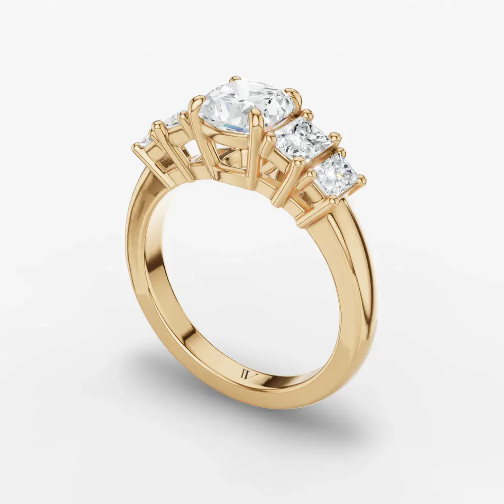 Certified 1 carat Lab Grown Diamond Cushion Cut Five Stone, Side Stone Engagement Ring in 14K Yellow Gold-Velaris