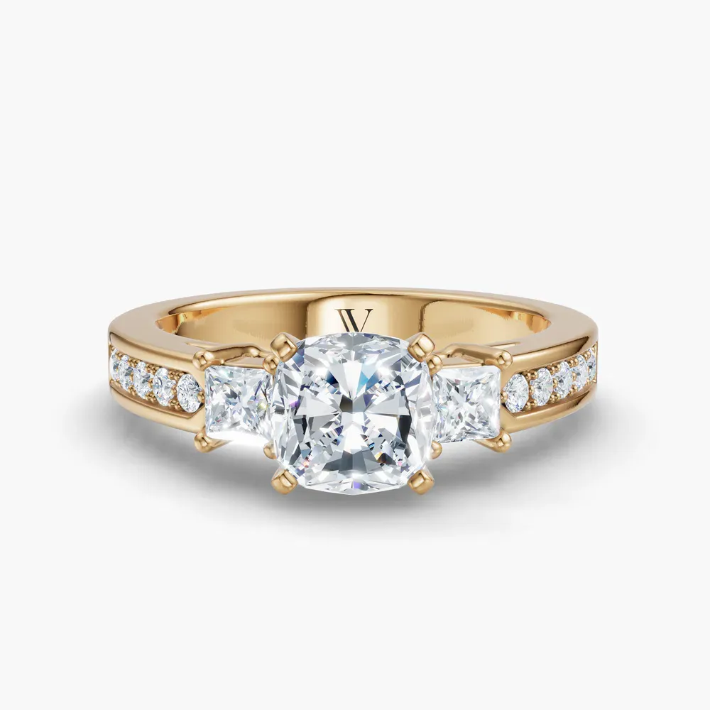 Certified 1 carat Lab Grown Diamond Cushion Cut Three Stone, Pavé, Channel Set Engagement Ring in 14K Yellow Gold-Velis