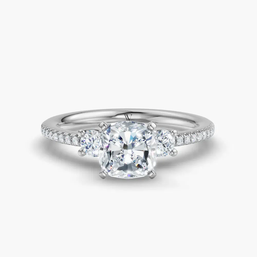 Certified 1 carat Lab Grown Diamond Cushion Cut Three Stone, Pavé, Side Stone Engagement Ring in 14K White Gold-Vynix