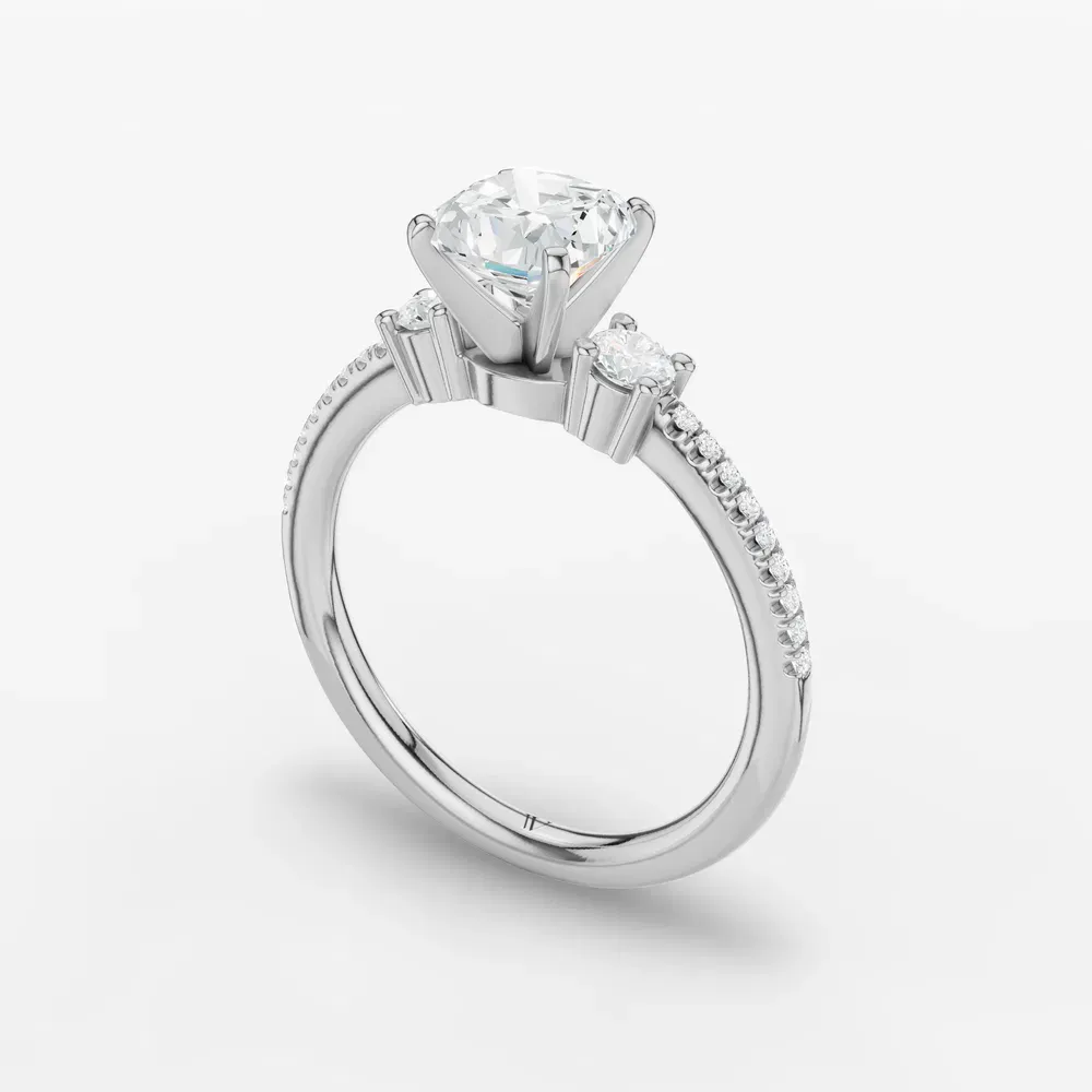 Certified 1 carat Lab Grown Diamond Cushion Cut Three Stone, Pavé, Side Stone Engagement Ring in 14K White Gold-Vynix