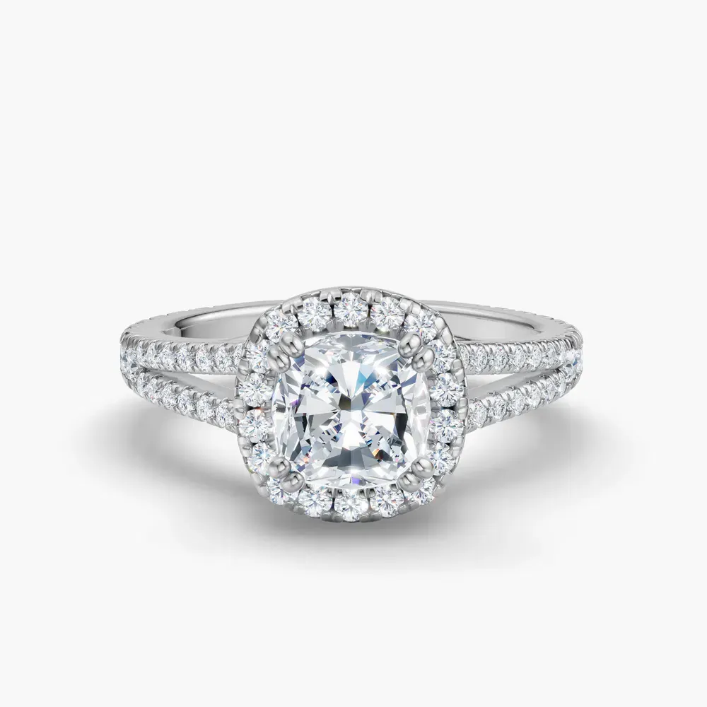 Certified 1 carat Lab Grown Diamond Cushion Cut Pavé, Halo, Cathedral Engagement Ring in 14K White Gold-Gexis