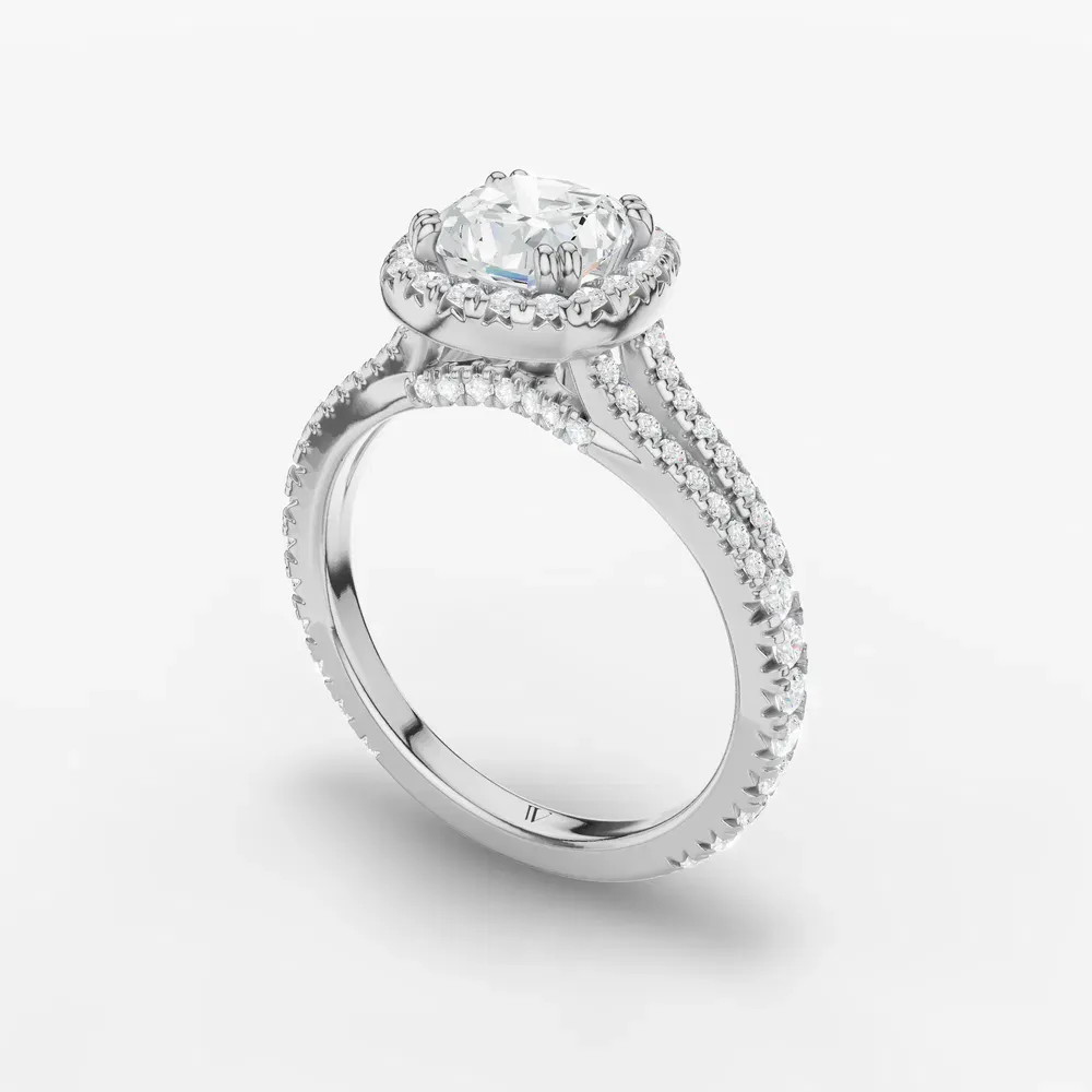 Certified 1 carat Lab Grown Diamond Cushion Cut Pavé, Halo, Cathedral Engagement Ring in 14K White Gold-Gexis