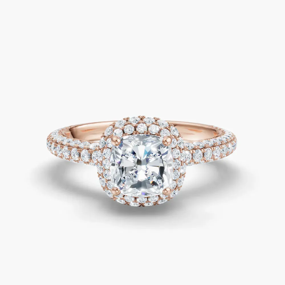 Certified 1 carat Lab Grown Diamond Cushion Cut Pavé, Halo, Hidden Halo Engagement Ring in 14K Rose Gold-Brym