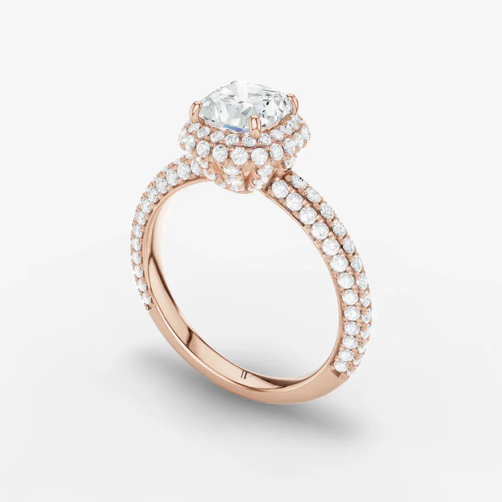 Certified 1 carat Lab Grown Diamond Cushion Cut Pavé, Halo, Hidden Halo Engagement Ring in 14K Rose Gold-Brym