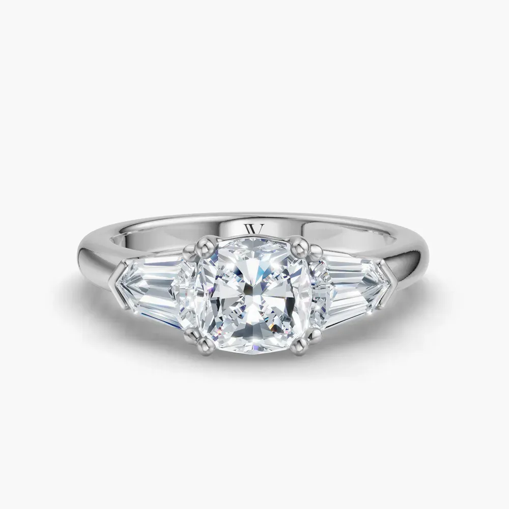 Certified 1 carat Lab Grown Diamond Cushion Cut Three Stone, Side Stone Engagement Ring in 14K White Gold-Lyris
