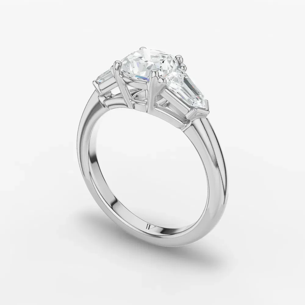 Certified 1 carat Lab Grown Diamond Cushion Cut Three Stone, Side Stone Engagement Ring in 14K White Gold-Lyris