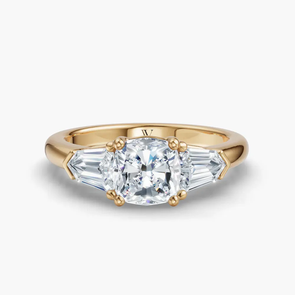 Certified 1 carat Lab Grown Diamond Cushion Cut Three Stone, Side Stone Engagement Ring in 14K Yellow Gold-Lyris