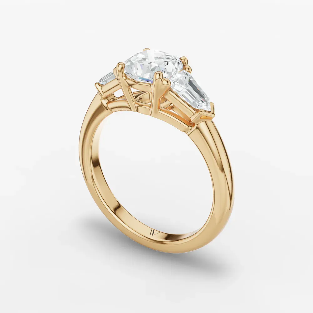 Certified 1 carat Lab Grown Diamond Cushion Cut Three Stone, Side Stone Engagement Ring in 14K Yellow Gold-Lyris