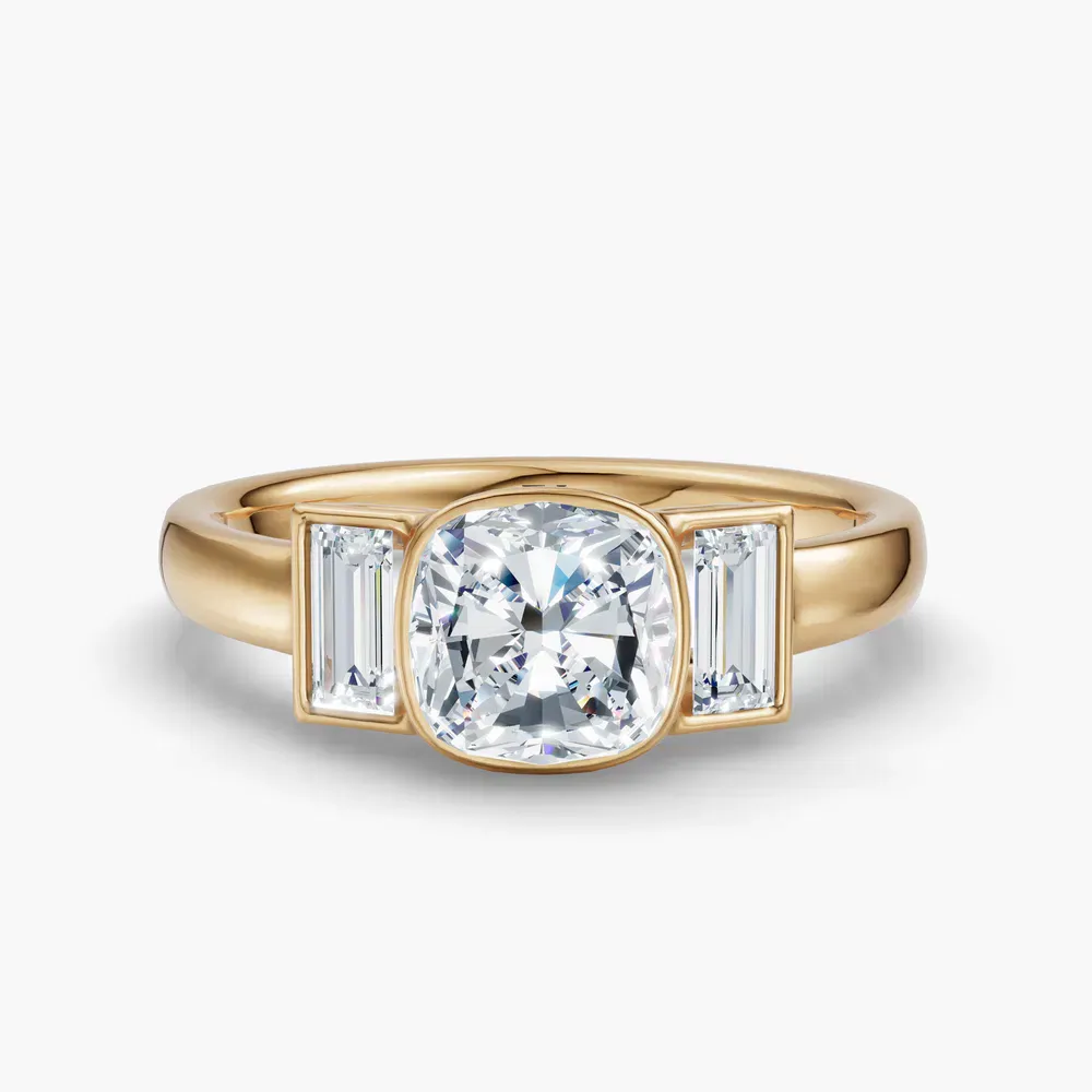 Certified 1 carat Lab Grown Diamond Cushion Cut Three Stone, Bezel, Baguette Engagement Ring in 14K Yellow Gold-Kine