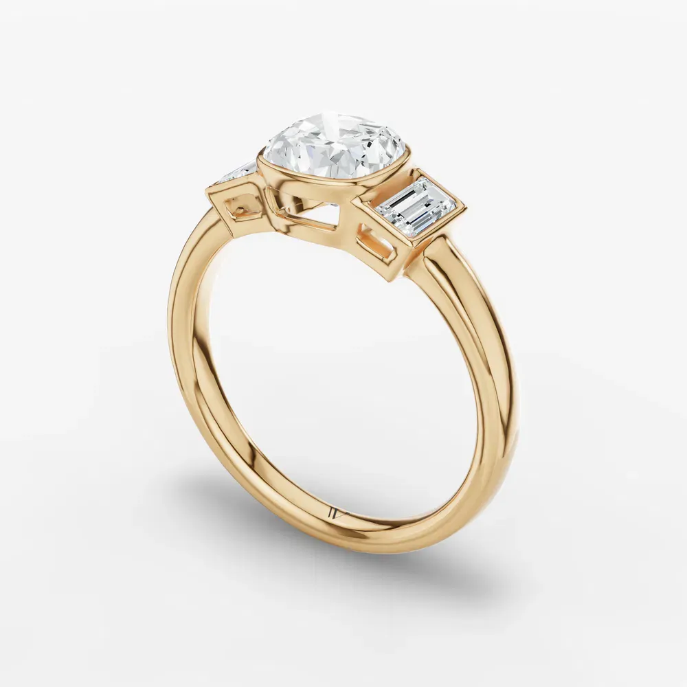Certified 1 carat Lab Grown Diamond Cushion Cut Three Stone, Bezel, Baguette Engagement Ring in 14K Yellow Gold-Kine