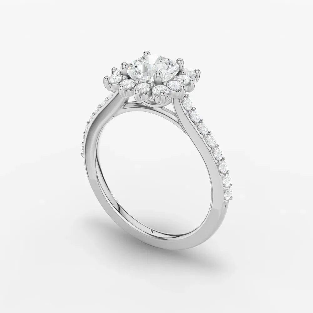 Certified 1 carat Lab Grown Diamond Cushion Cut Pavé, Halo, Floral Engagement Ring in 14K White Gold-Elite Juniper