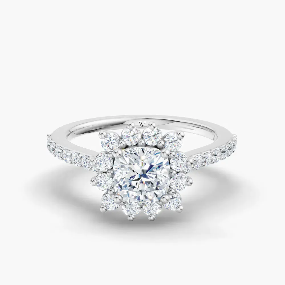 Certified 1 carat Lab Grown Diamond Cushion Cut Pavé, Halo, Floral Engagement Ring in 14K White Gold-Elite Juniper