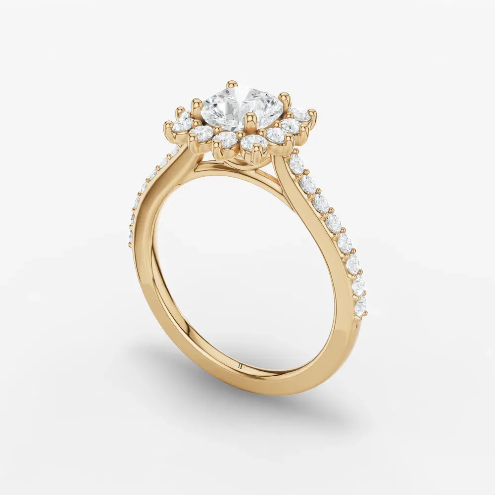 Certified 1 carat Lab Grown Diamond Cushion Cut Pavé, Halo, Floral Engagement Ring in 14K Yellow Gold-Elite Juniper