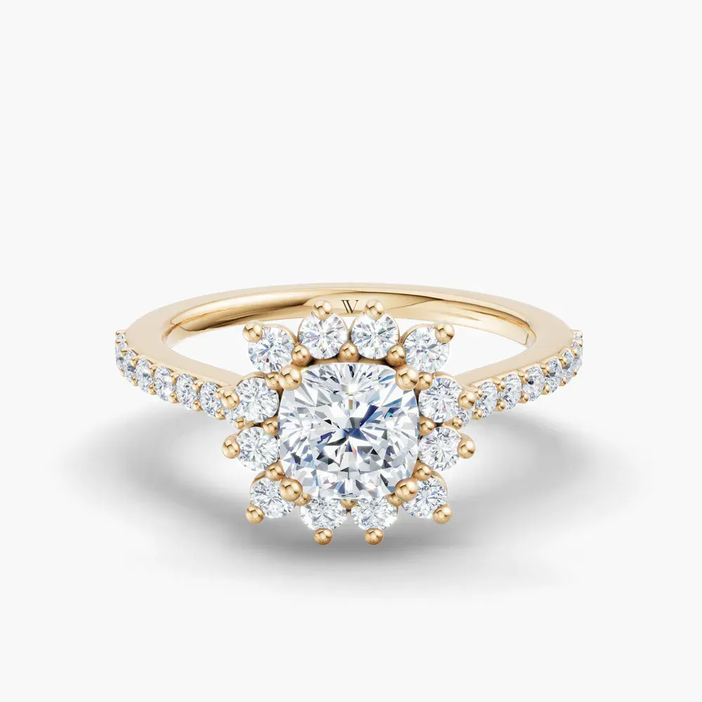Certified 1 carat Lab Grown Diamond Cushion Cut Pavé, Halo, Floral Engagement Ring in 14K Yellow Gold-Elite Juniper