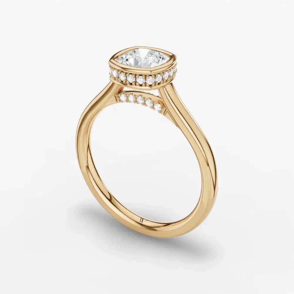 Certified 1 carat Lab Grown Diamond Cushion Cut Bezel, Solitaire, Hidden Halo Engagement Ring in 14K Yellow Gold-Nival