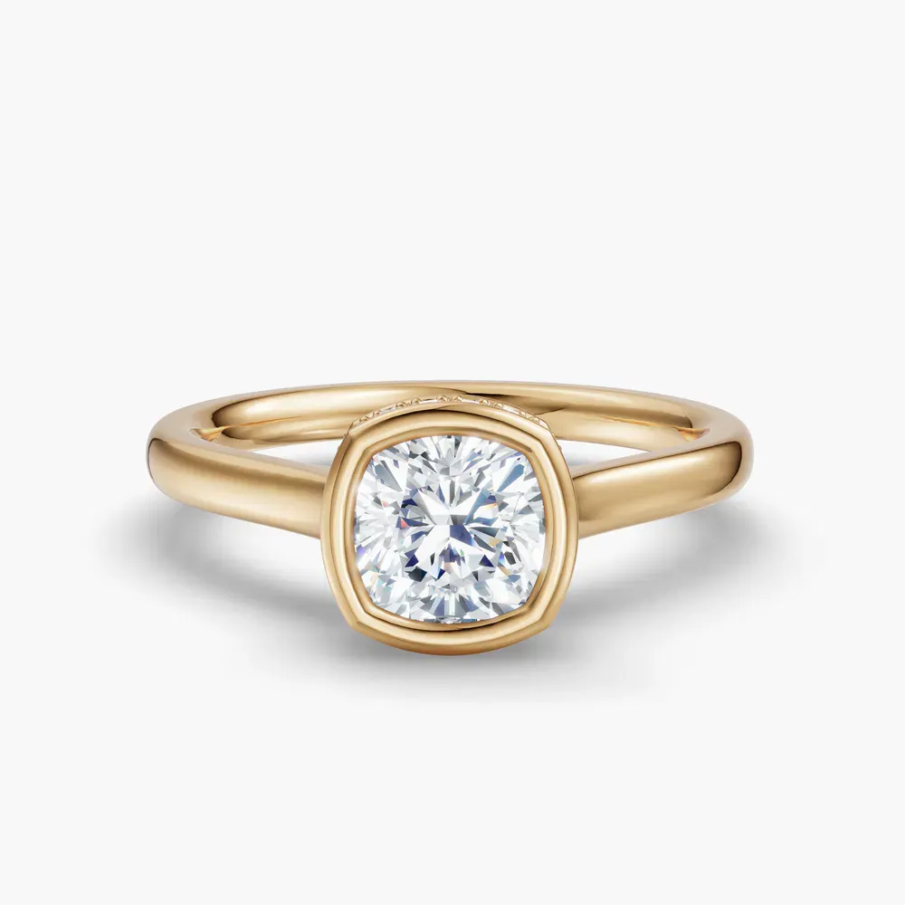 Certified 1 carat Lab Grown Diamond Cushion Cut Bezel, Solitaire, Hidden Halo Engagement Ring in 14K Yellow Gold-Nival