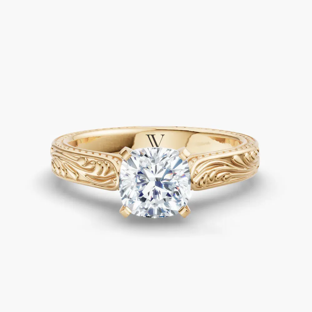 Certified 1 carat Lab Grown Diamond Cushion Cut Solitaire, Vintage, Cathedral Engagement Ring in 14K Yellow Gold-Nael