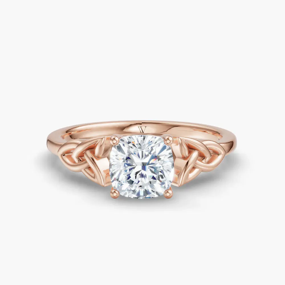Certified 1 carat Lab Grown Diamond Cushion Cut Solitaire, Cathedral, Celtic Engagement Ring in 14K Rose Gold-Vire