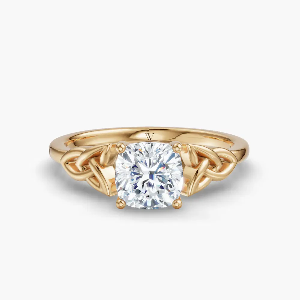 Certified 1 carat Lab Grown Diamond Cushion Cut Solitaire, Cathedral, Celtic Engagement Ring in 14K Yellow Gold-Vire