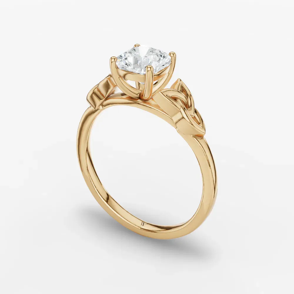 Certified 1 carat Lab Grown Diamond Cushion Cut Solitaire, Cathedral, Celtic Engagement Ring in 14K Yellow Gold-Vire