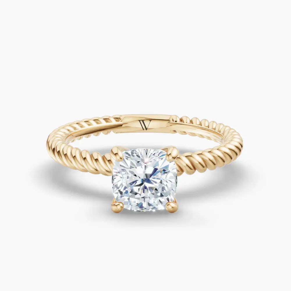 Certified 1 carat Lab Grown Diamond Cushion Cut Solitaire, Twist, Vintage Engagement Ring in 14K Yellow Gold-Liray