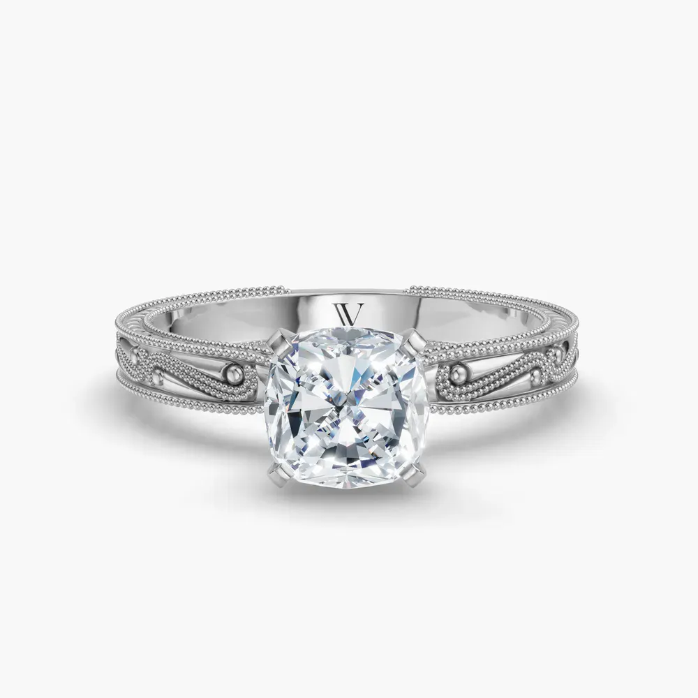 Certified 1 carat Lab Grown Diamond Cushion Cut Solitaire, Milgrain, Vintage Engagement Ring in 14K White Gold-Lirae