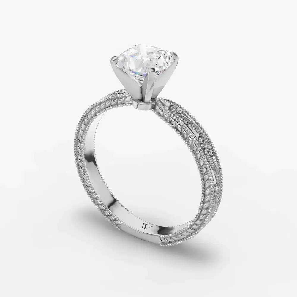 Certified 1 carat Lab Grown Diamond Cushion Cut Solitaire, Milgrain, Vintage Engagement Ring in 14K White Gold-Lirae