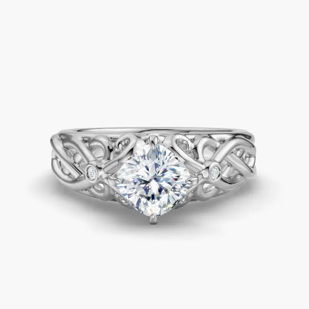 Certified 1 carat Lab Grown Diamond Cushion Cut Split Shank, Vintage, Twist Engagement Ring in 14K White Gold-Seren