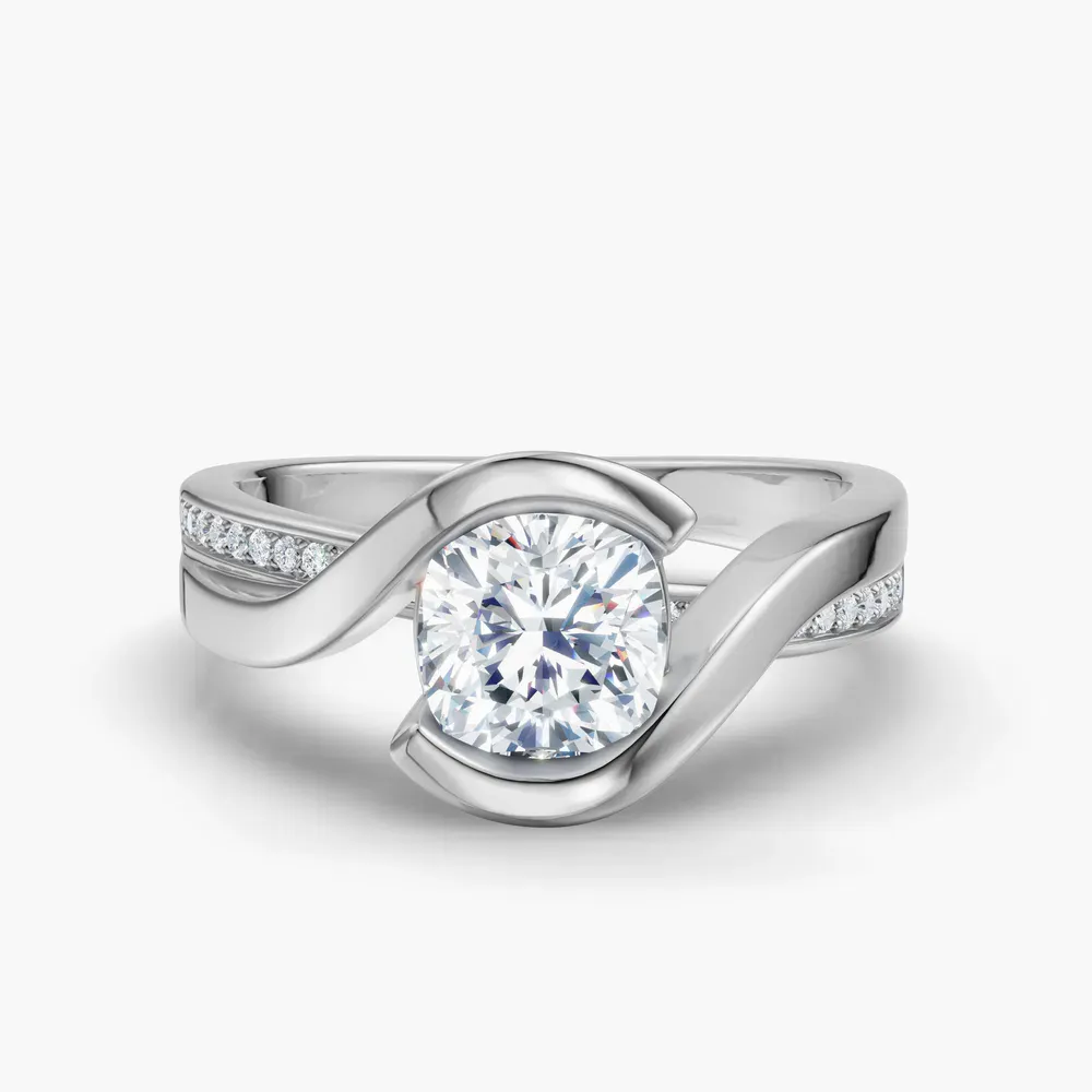 Certified 1 carat Lab Grown Diamond Cushion Cut Bezel, Modern, Split Shank Engagement Ring in 14K White Gold-Elara