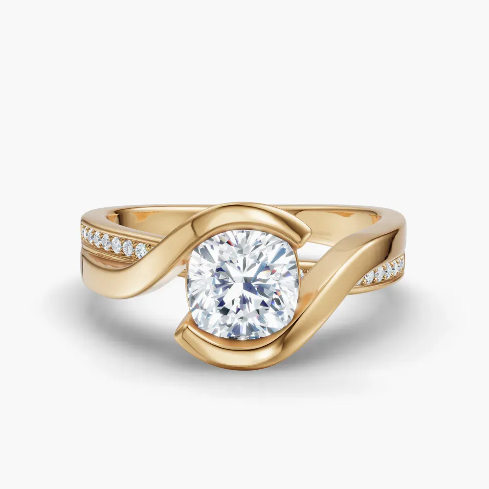 Certified 1 carat Lab Grown Diamond Cushion Cut Bezel, Modern, Split Shank Engagement Ring in 14K Yellow Gold-Elara