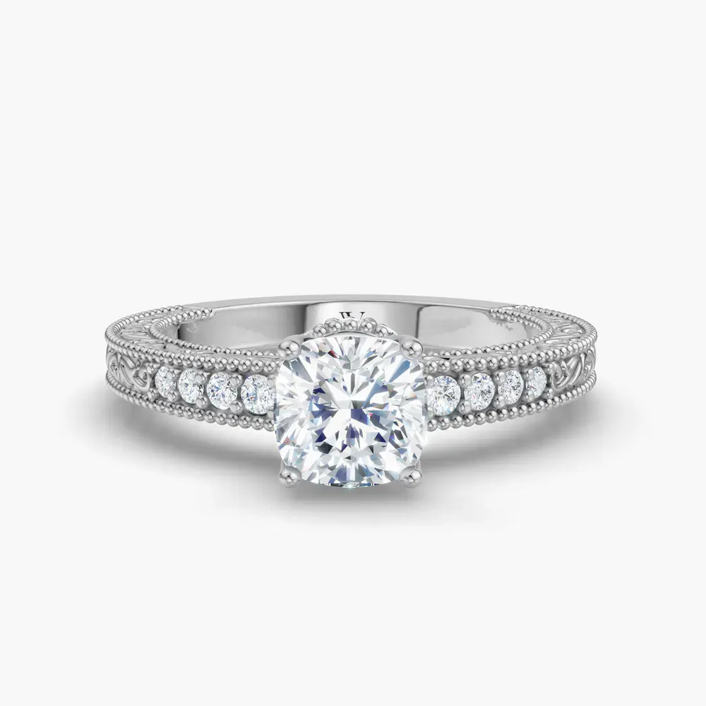 Certified 1 carat Lab Grown Diamond Cushion Cut Vintage, Milgrain, Side Stone Engagement Ring in 14K White Gold-Meren