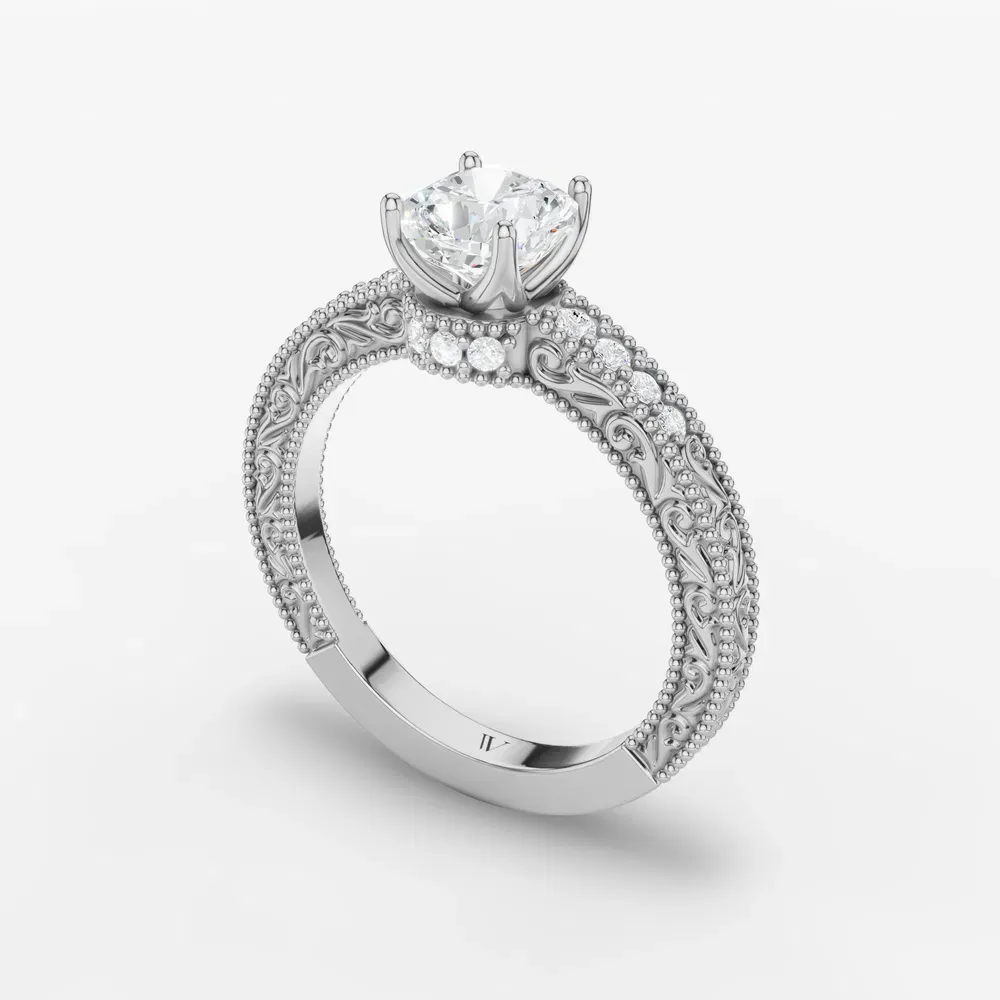 Certified 1 carat Lab Grown Diamond Cushion Cut Vintage, Milgrain, Side Stone Engagement Ring in 14K White Gold-Meren