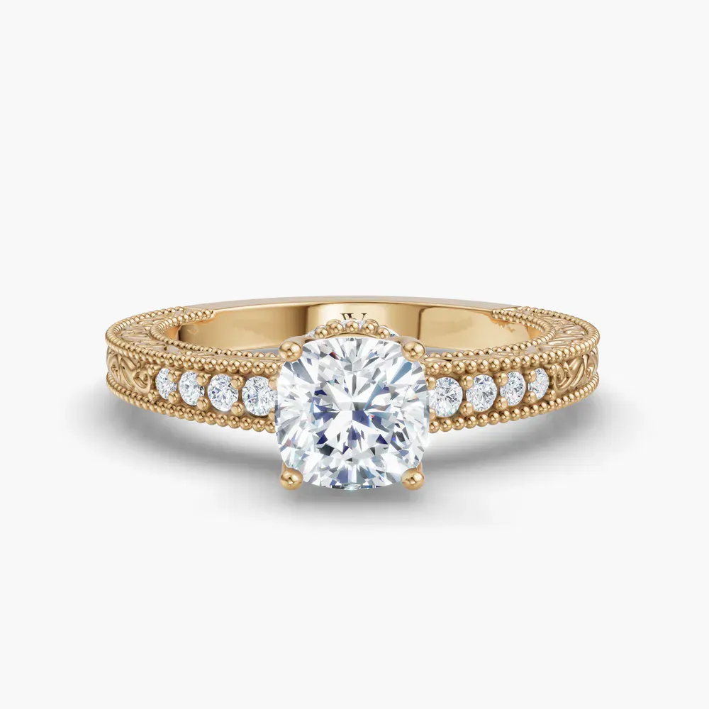 Certified 1 carat Lab Grown Diamond Cushion Cut Vintage, Milgrain, Side Stone Engagement Ring in 14K Yellow Gold-Meren