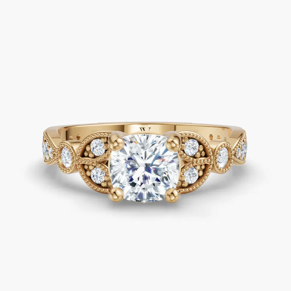 Certified 1 carat Lab Grown Diamond Cushion Cut Milgrain, Vintage, Side Stone Engagement Ring in 14K Yellow Gold-Skye