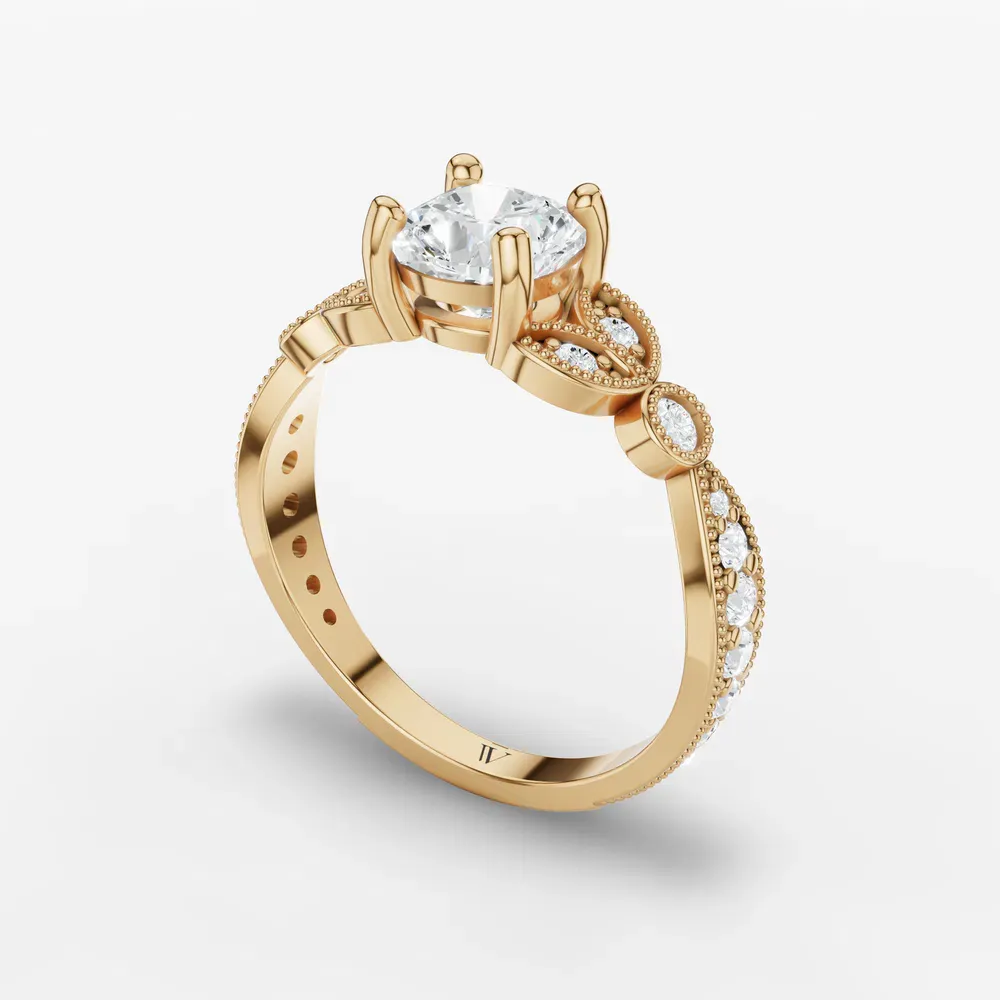 Certified 1 carat Lab Grown Diamond Cushion Cut Milgrain, Vintage, Side Stone Engagement Ring in 14K Yellow Gold-Skye