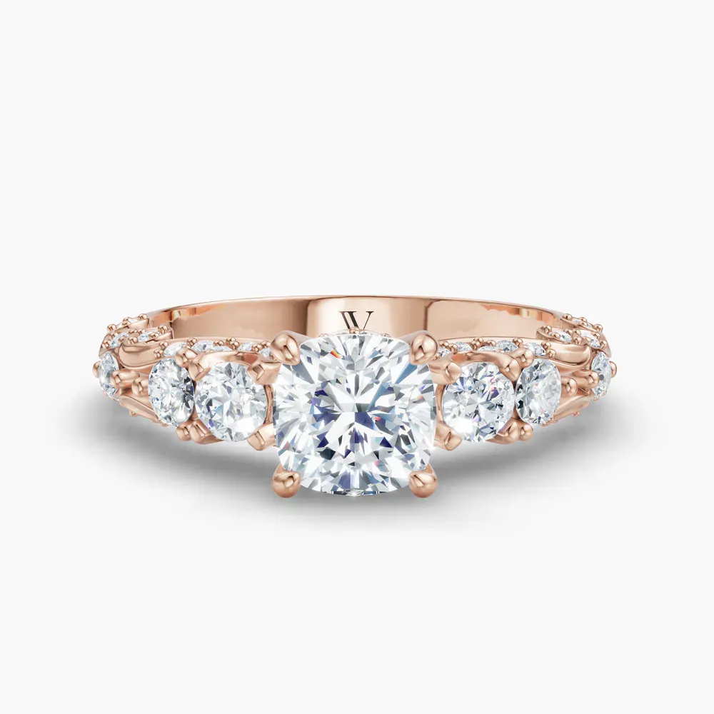 Certified 1 carat Lab Grown Diamond Cushion Cut Hidden Halo, Unique, Side Stone Engagement Ring in 14K Rose Gold-Marinia