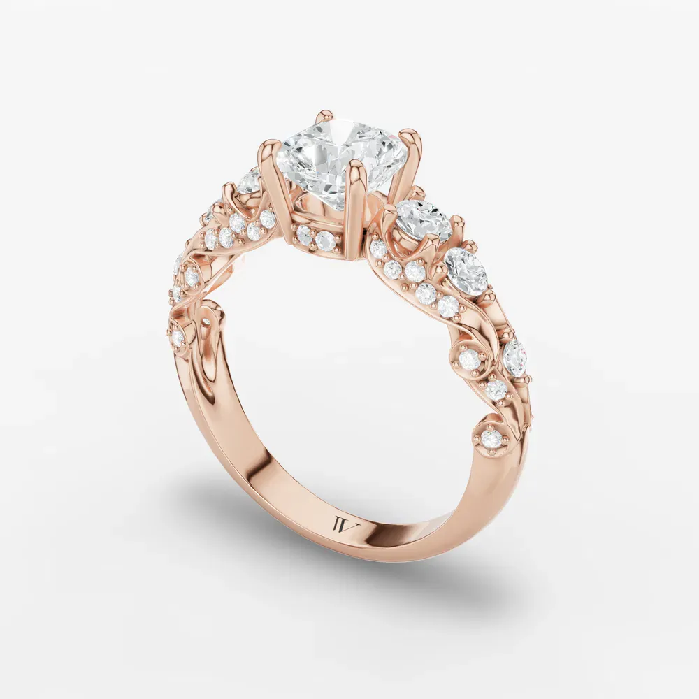 Certified 1 carat Lab Grown Diamond Cushion Cut Hidden Halo, Unique, Side Stone Engagement Ring in 14K Rose Gold-Marinia