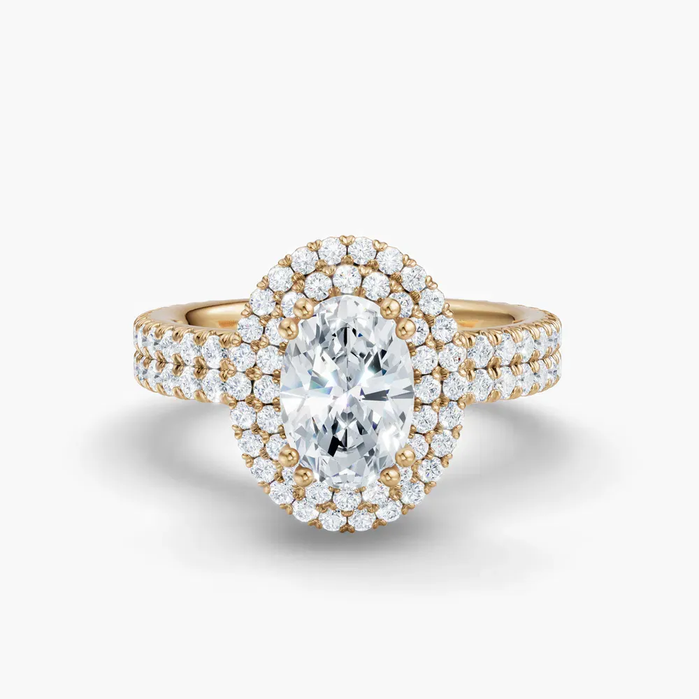 Certified 1 carat Lab Grown Diamond Oval Cut Pavé, Halo, Hidden Halo Engagement Ring in 14K Yellow Gold-Caela