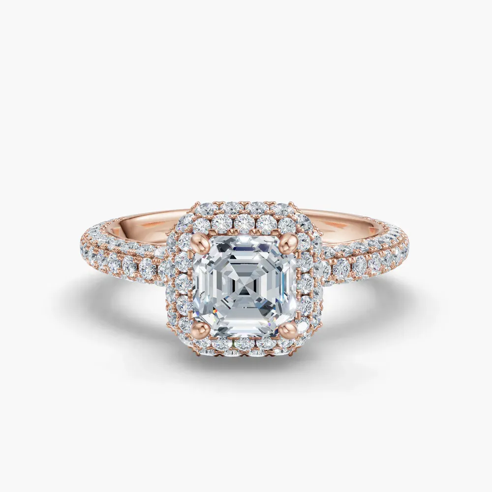 Certified 1 carat Lab Grown Diamond Asscher Cut Pavé, Halo, Hidden Halo Engagement Ring in 14K Rose Gold-Brym