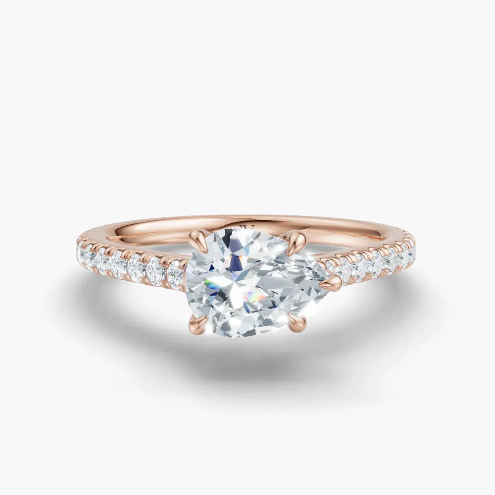 Certified 1 carat Lab Grown Diamond Pear Cut Pavé, Cathedral, East-West Engagement Ring in 14K Rose Gold-Uma