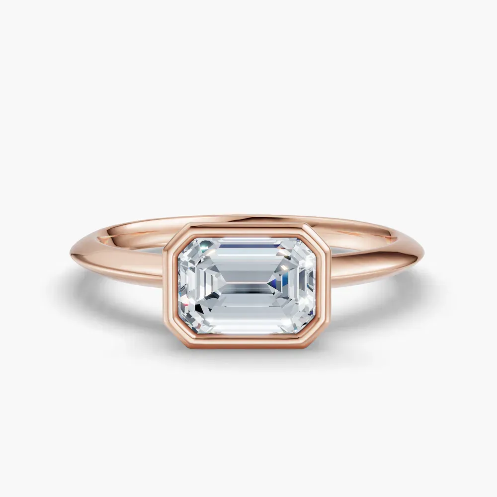 Certified 1 carat Lab Grown Diamond Emerald Cut Bezel, East-West, Solitaire Engagement Ring in 14K Rose Gold-Galen