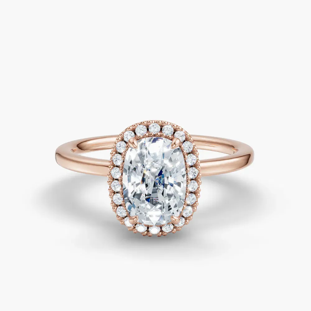 Certified 1 carat Lab Grown Diamond Elongated Cushion Cut Halo, Hidden Halo Engagement Ring in 14K Rose Gold-Elite Noctil