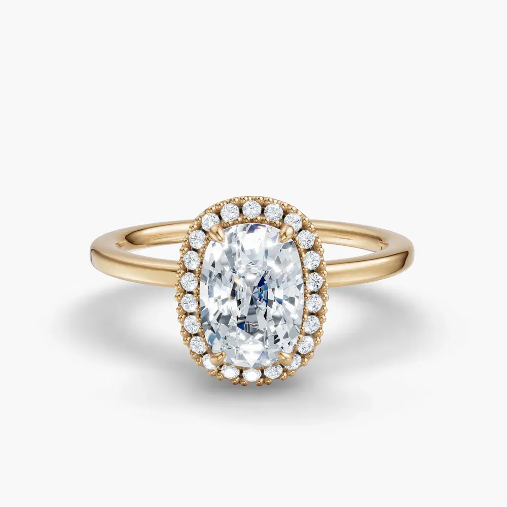 Certified 1 carat Lab Grown Diamond Elongated Cushion Cut Halo, Hidden Halo Engagement Ring in 14K Yellow Gold-Elite Noctil