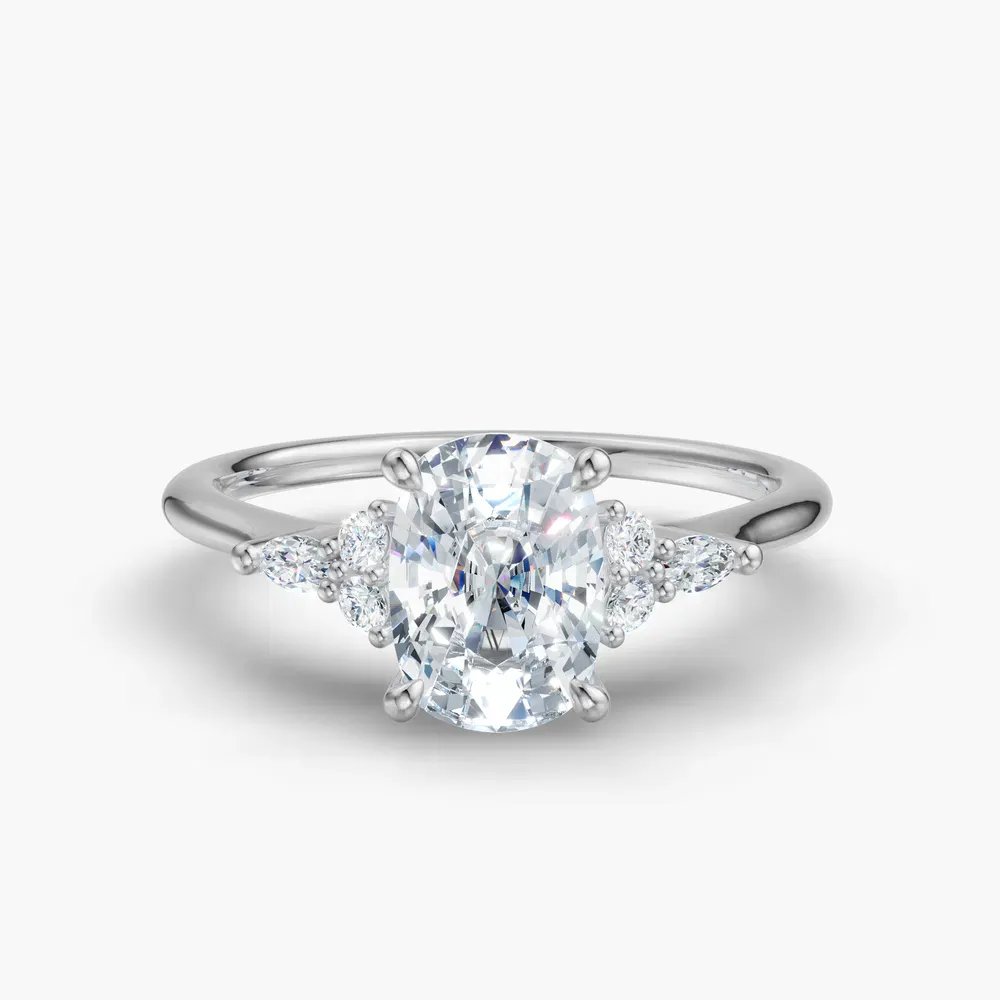 Certified 1 carat Lab Grown Diamond Elongated Cushion Cut Classic, Side Stone Engagement Ring in 14K White Gold-Sprig