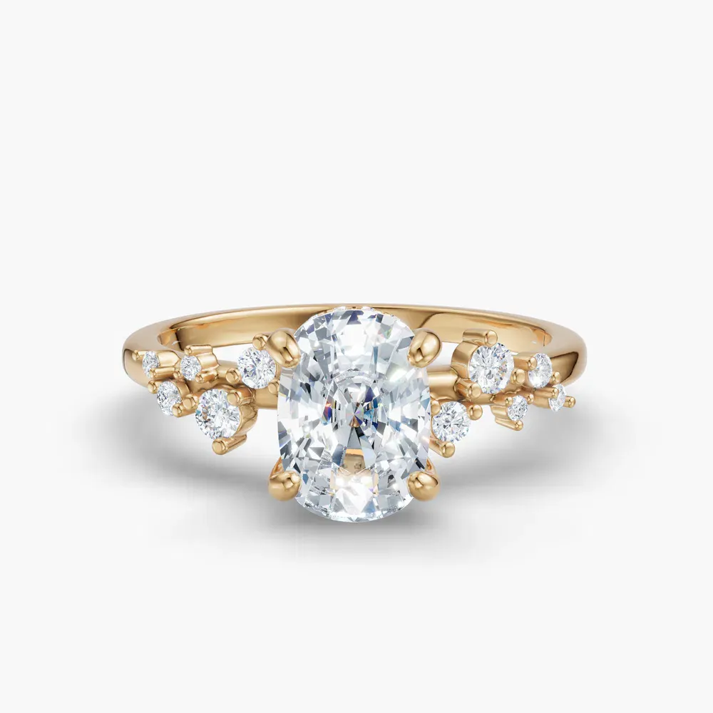 Certified 1 carat Lab Grown Diamond Elongated Cushion Cut Hidden Halo, Side Stone Engagement Ring in 14K Yellow Gold-Astraea