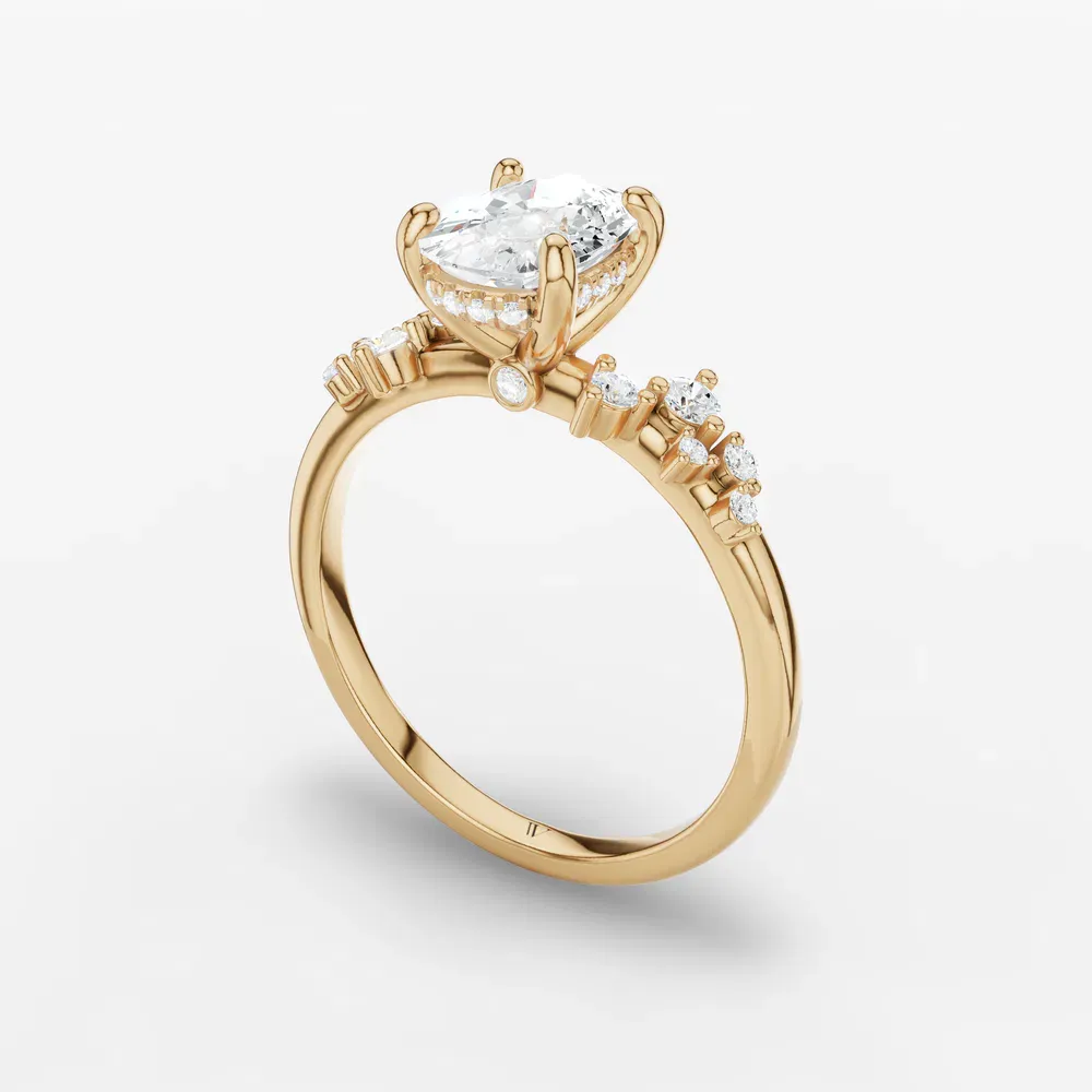 Certified 1 carat Lab Grown Diamond Elongated Cushion Cut Hidden Halo, Side Stone Engagement Ring in 14K Yellow Gold-Astraea
