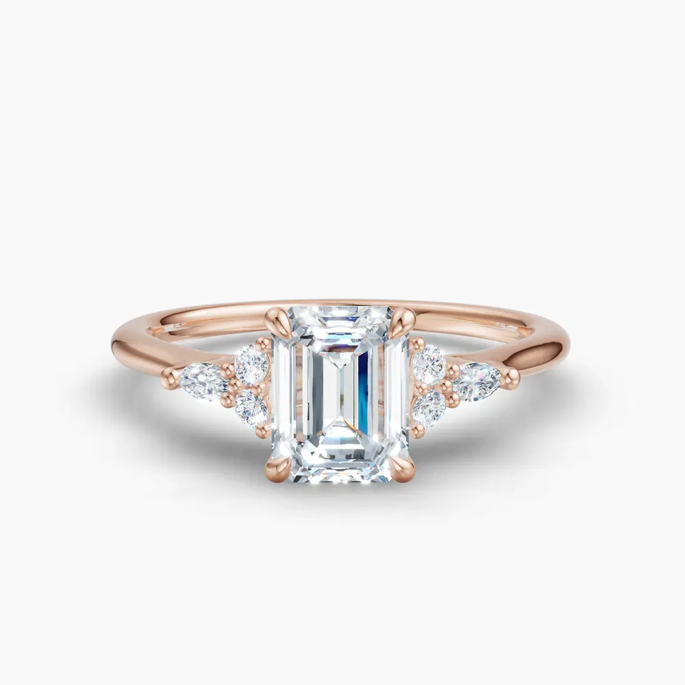 Certified 1 carat Lab Grown Diamond Emerald Cut Classic, Side Stone Engagement Ring in 14K Rose Gold-Sprig