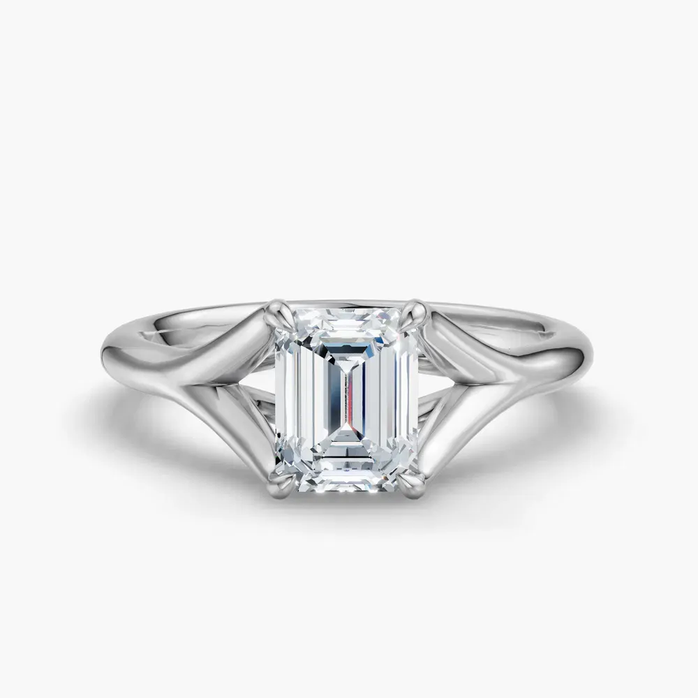 Certified 1 carat Lab Grown Diamond Emerald Cut Solitaire, Split Shank, Simple Engagement Ring in 14K White Gold-Zayfi