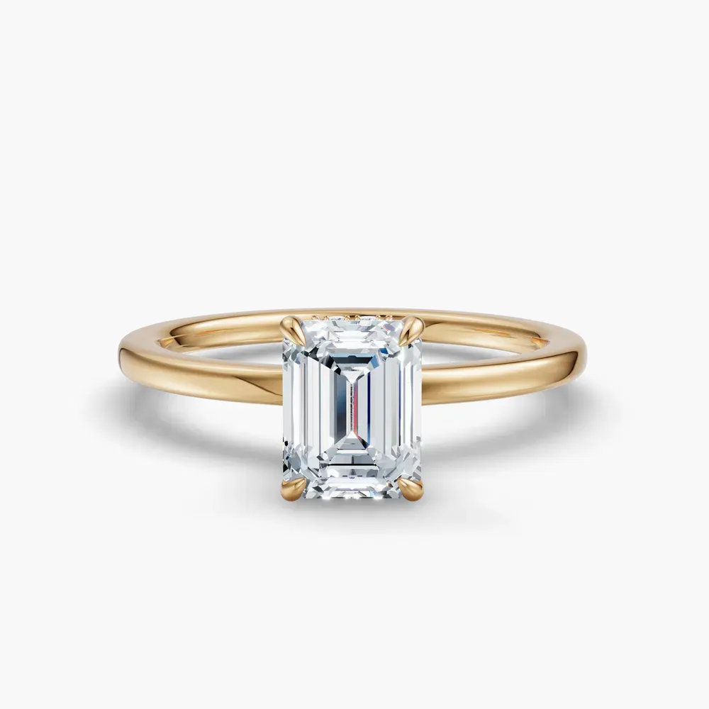 Certified 1 carat Lab Grown Diamond Emerald Cut Hidden Halo Engagement Ring in 14K Yellow Gold-Helia